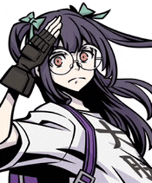 a girl with long purple hair and glasses is wearing a black glove on her hand .