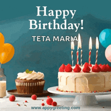 a birthday card with a cake and cupcakes and the words happy birthday teta maria