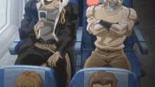 a couple of anime characters sitting next to each other on a plane