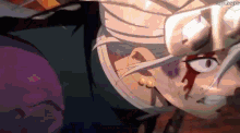 a close up of a person 's face with blood on it and a purple background .