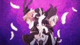 a group of anime characters are surrounded by white feathers