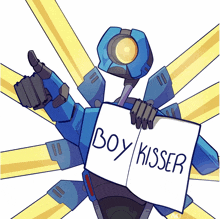 a cartoon robot holding a sign that says boy kisser