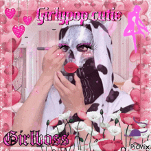 a girl in a dalmatian costume is applying makeup with the words girlboss written on the bottom