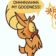 a cartoon character with a yellow speech bubble that says " ohhhhhhhh my goodness "