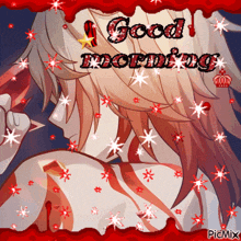 a picture of a girl holding a knife with the words good morning written on it