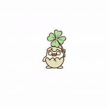 a cartoon chick is holding a four leaf clover on its head