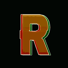 a red and green letter r is against a black backdrop