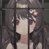a girl with brown hair is behind bars with a skull on her hair clip