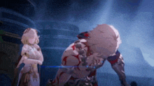 a man and a woman are standing next to each other in a video game scene