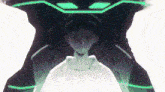 a man in a white shirt is standing in front of a robot with green lights .