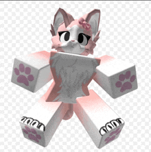a pink and white cartoon character with paw prints on its feet