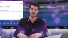 a man stands in front of a screen that says follow on it