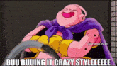a cartoon character with a purple cape is holding a vacuum cleaner .