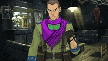 a man wearing a purple scarf with a greek pattern on it