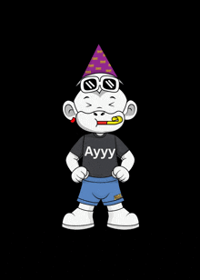 a cartoon character is wearing a party hat and sunglasses and says ayyy