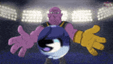 a cartoon of thanos holding a purple sphere with the letter s on it