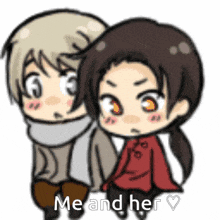 a cartoon of a man and a woman holding hands with the words " me and her " written below them