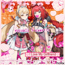 a picture of two anime girls with the words i love my girlfriend