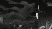 a black and white drawing of a person with a sword