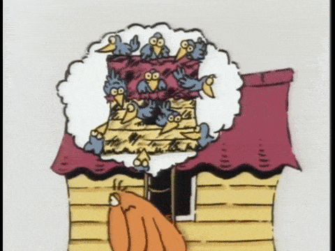 Aubrey imagines the birds making the shed dirty, and then his thought becomes a light bulb