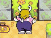 a pixel art of a cartoon character with horns standing in front of a flower bush .