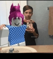 a boy is taking a picture of himself in the bathroom with a roblox character .
