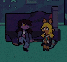a pixel art drawing of two people sitting on a couch with the words dave and autumn below them .