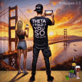a man wearing a theta i told you so told you so shirt
