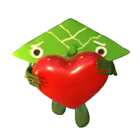 a cartoon character is holding a red heart in front of a green leaf with the number 10 written on it