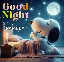 snoopy is kneeling down in front of a bed with the words good night pamela written above him