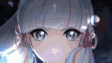 a girl with white hair and blue eyes is looking at the camera .