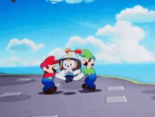 a cartoon of mario and luigi carrying a robot