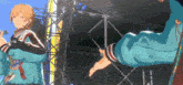 two anime characters are standing next to each other on a stage .