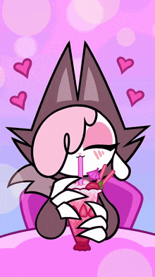 a cartoon drawing of a cat drinking a pink drink