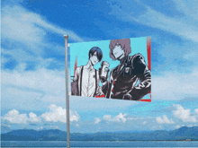 a flag with a picture of a man holding a cup of coffee