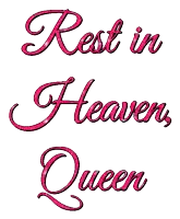 the words rest in heaven queen are written in pink on a white background