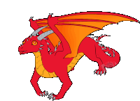 a cartoon drawing of a red dragon with horns and orange wings