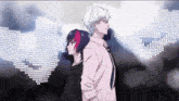 a man and a woman are standing back to back with a skull in the background