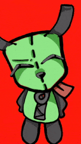 a cartoon drawing of a green monster with horns and a red background