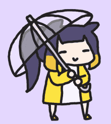 a cartoon drawing of a girl in a yellow coat holding an umbrella