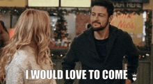 a man and a woman are standing next to each other and the woman says i would love to come .