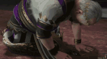 a man is kneeling down in a video game with the press a button in the corner