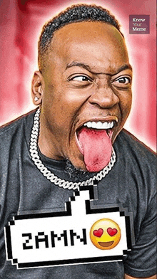 a man with his tongue hanging out is wearing a black shirt and a chain around his neck .