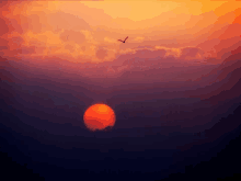 a sunset with a bird flying over the sun