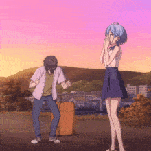 a man and a girl are standing in a field with a suitcase in the background