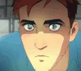 a close up of a cartoon character 's face with a blue shirt