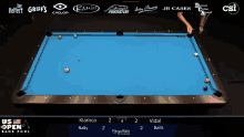 a pool table with the us open bank pool championship on the screen