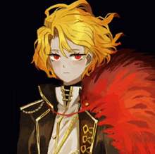 a person with yellow hair and red eyes is wearing a black jacket