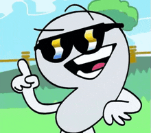 a cartoon character wearing sunglasses and pointing up is a number nine .