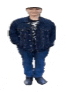 a man in a denim jacket is standing with his hands in his pockets on a white background .